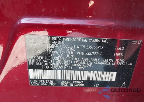 2018 Toyota Rav4 Limited z USA, uszkodzony, nr VIN 2T3DFREV2JW714931